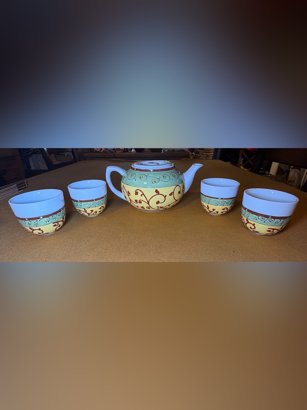 Vintage Pier 1 Imports Ceramic Teapot & 4 Cups Set